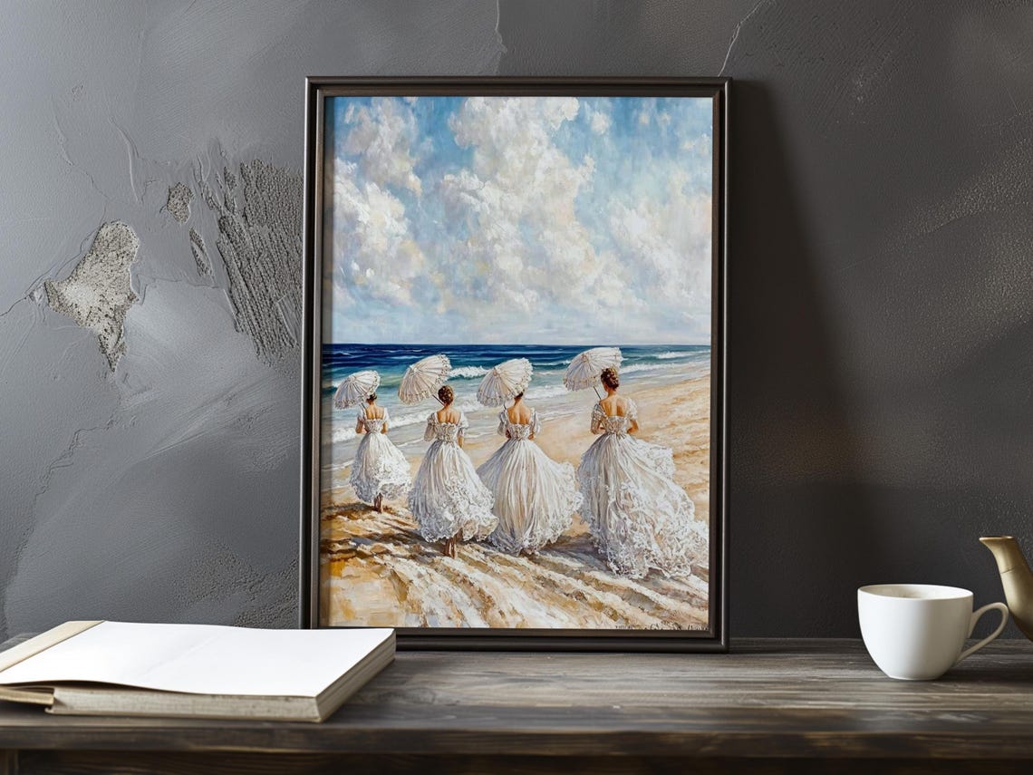 Women in White Lace Gowns With Parasols on the Beach Painting Poster