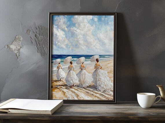 Women in White Lace Gowns With Parasols on the Beach Painting Poster