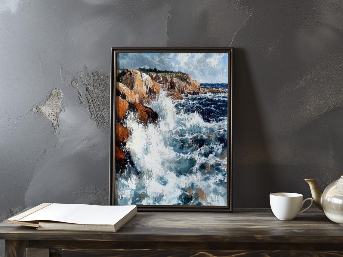 Towering White Surf Exploding Against Ochre Cliffs Ocean Art Poster