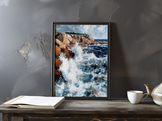 Towering White Surf Exploding Against Ochre Cliffs Ocean Art Poster