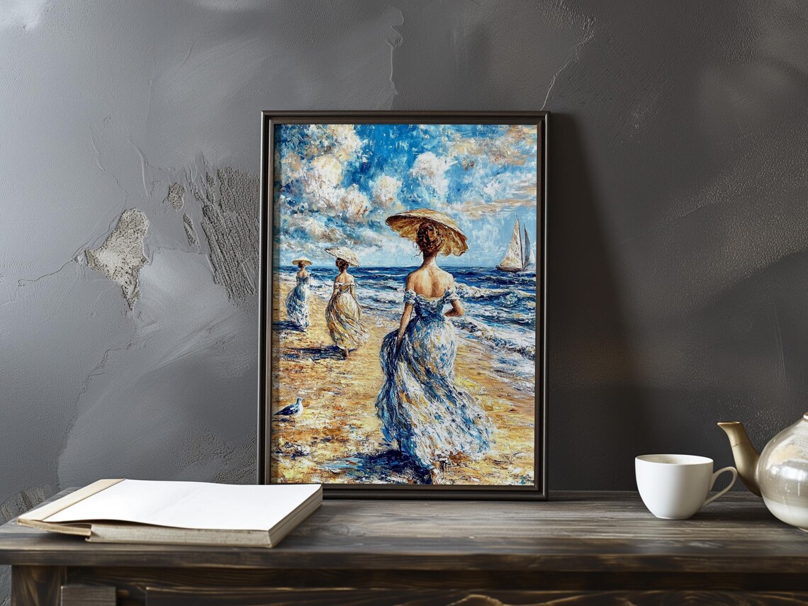 Women with Parasols on a Beach with Sailboats Impressionist Art Poster