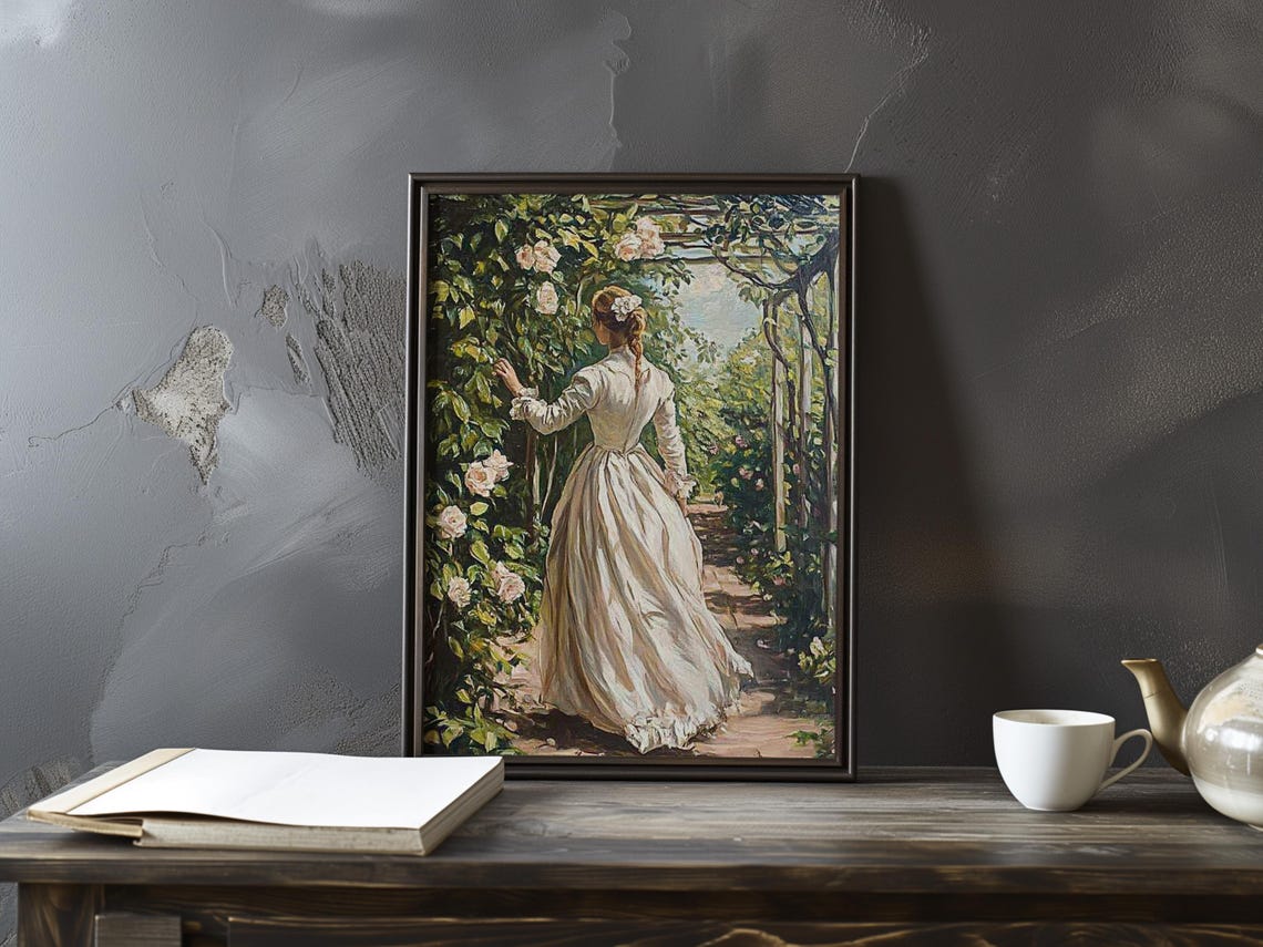 Woman Victorian Dress Rose Pergola Path Romantic Garden Stroll Poster