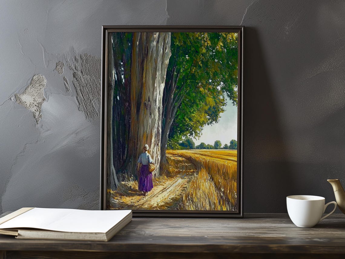 Woman Beside a Massive Tree Trunk at the Edge of a Wheat Field Poster