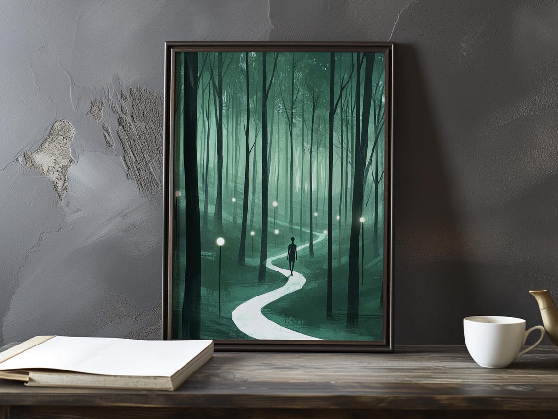 Mysterious Misty Forest Path with Lone Wanderer at Night Poster