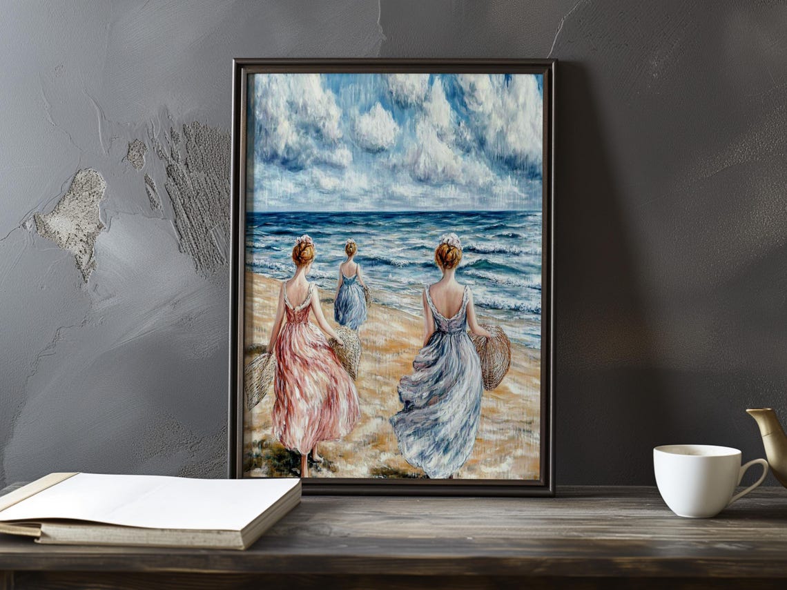 Three Women Walking Toward the Sea Under Dramatic Clouds Poster