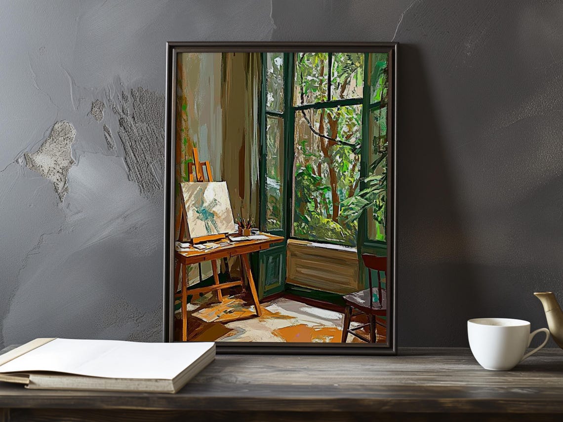 Artist Easel in Sunlit Corner Overlooking Green Garden Poster