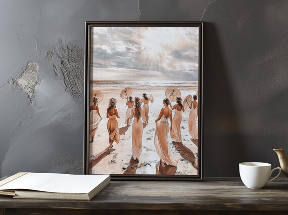 Women With Parasols Walking the Beach at Sunrise Oil Painting Poster