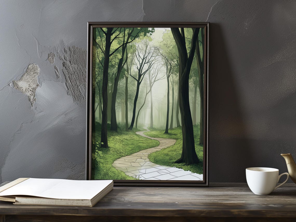 Sunlit Stone Path Winding Through a Lush Green Forest Poster