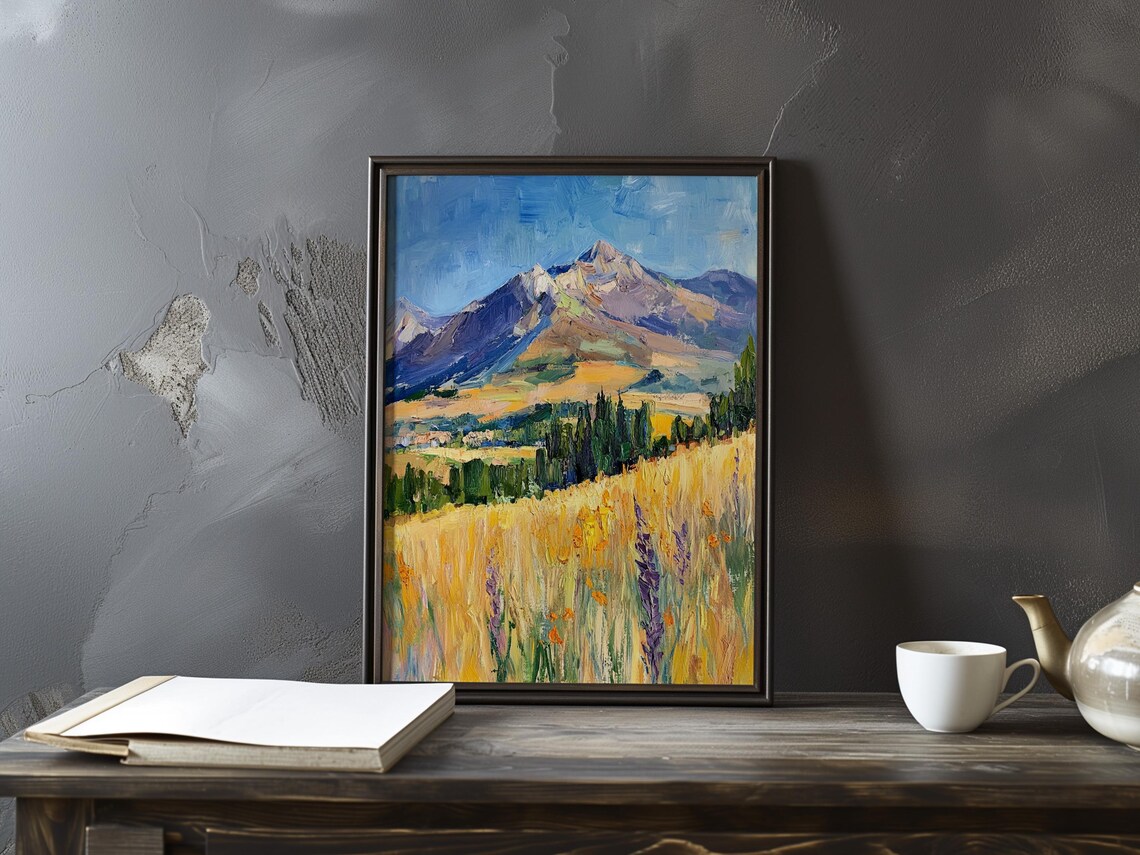 Cezanne-Inspired Golden Wheat Field with Mountain Village Poster