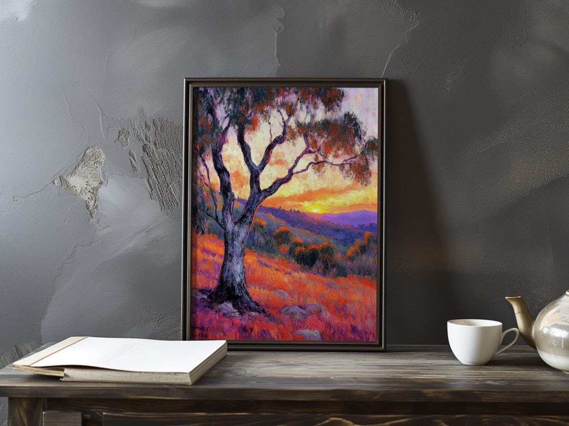Lone Tree on an Orange Hill Under a Purple Sunset Impressionist Poster