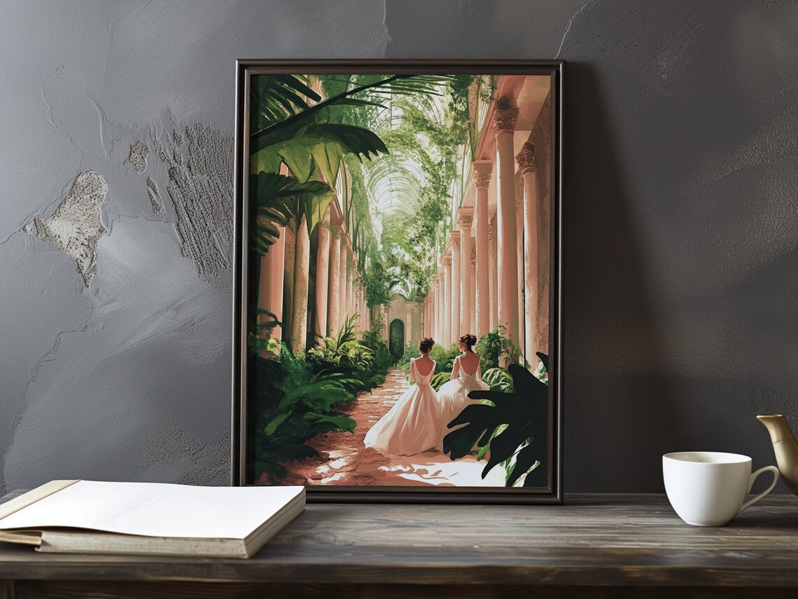 Two Women in Gowns in a Colonnaded Tropical Garden Art Poster