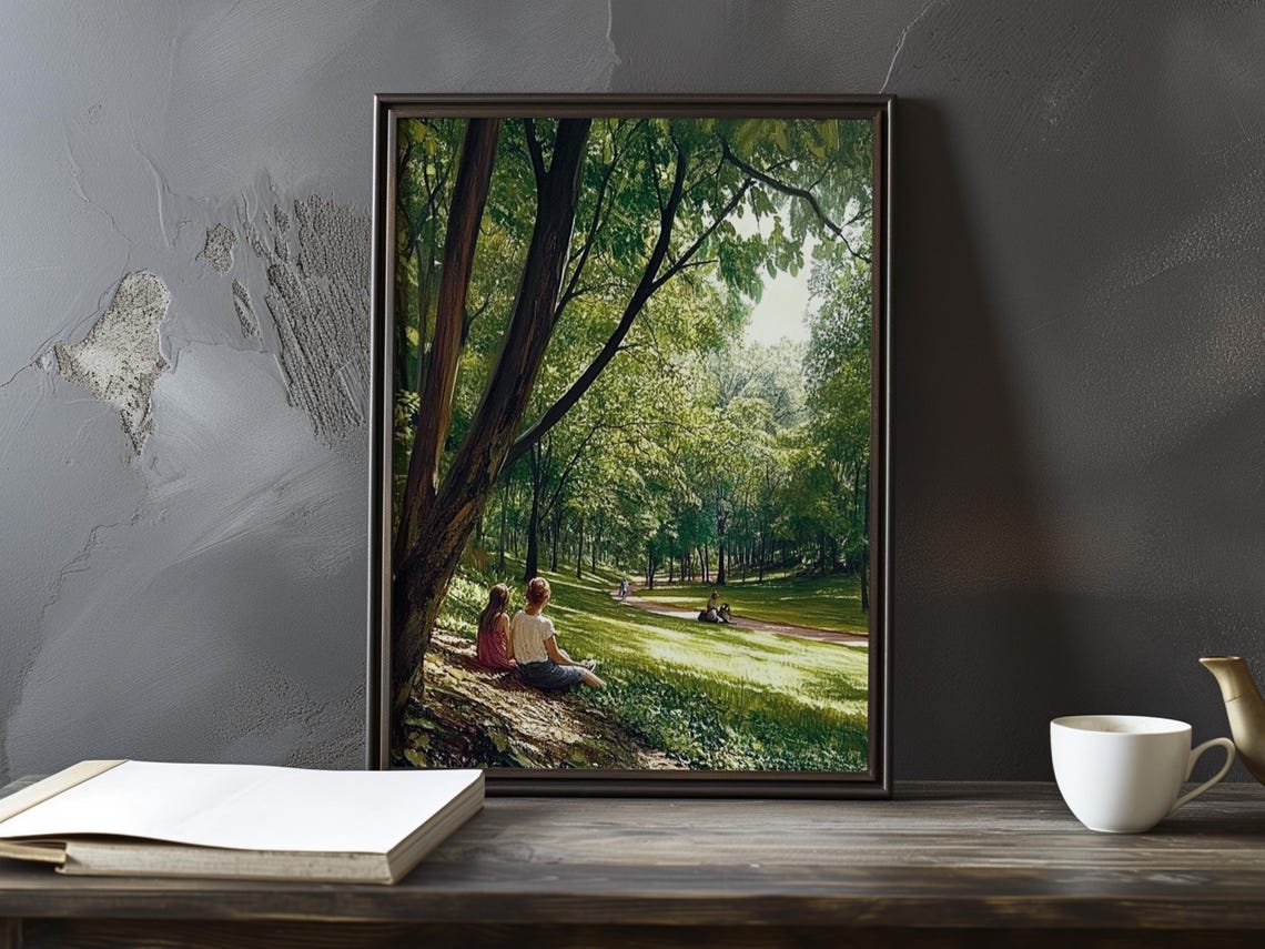 Couple Resting Under A Leaning Tree Overlooking Meadow Poster