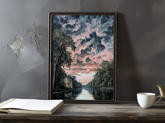 Rose-Tinted Dusk Clouds Over a Mirror-Still River Impressionist Poster