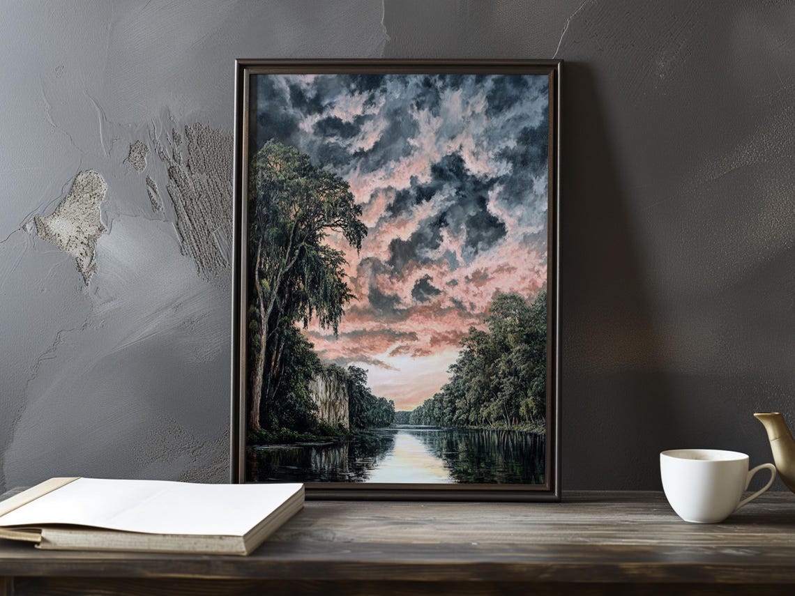 Rose-Tinted Dusk Clouds Over a Mirror-Still River Impressionist Poster