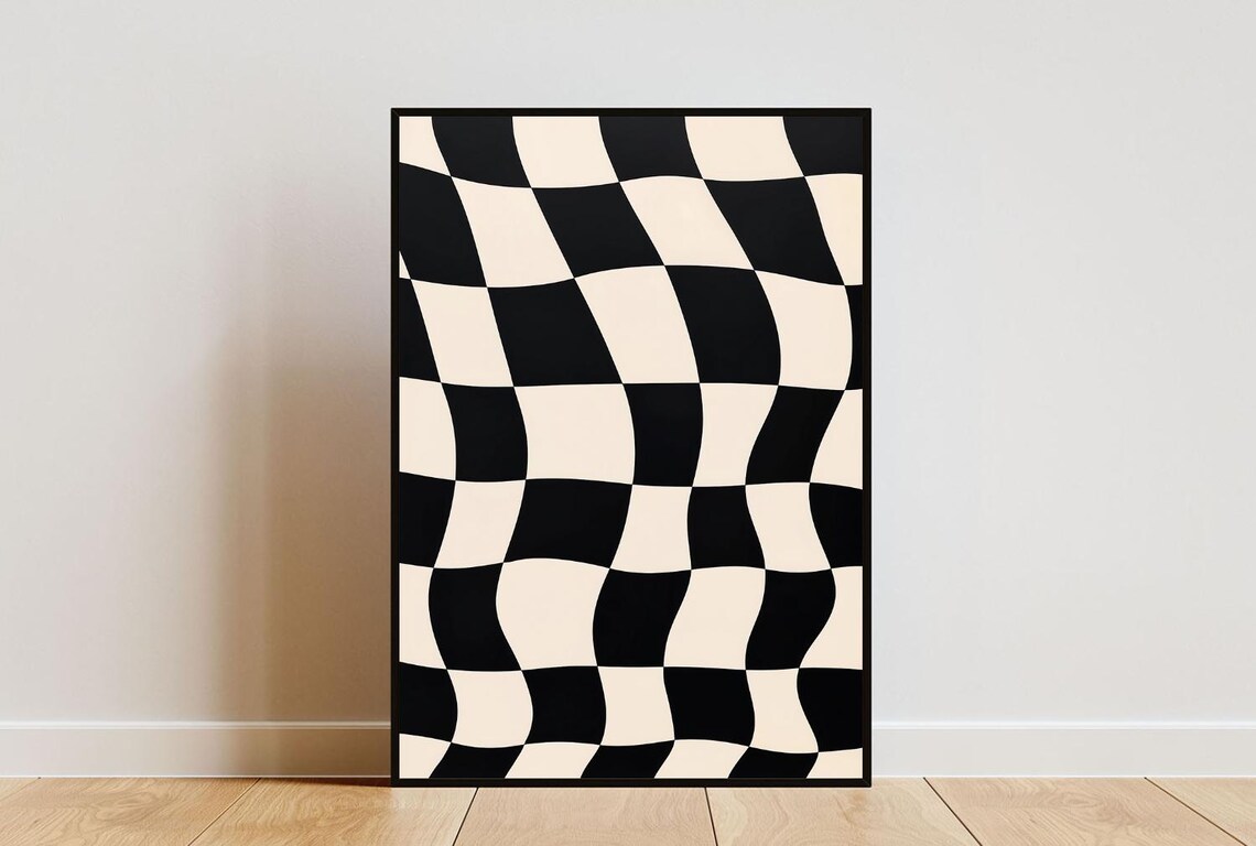Black Checkered Abstract Geometric Retro Art Print