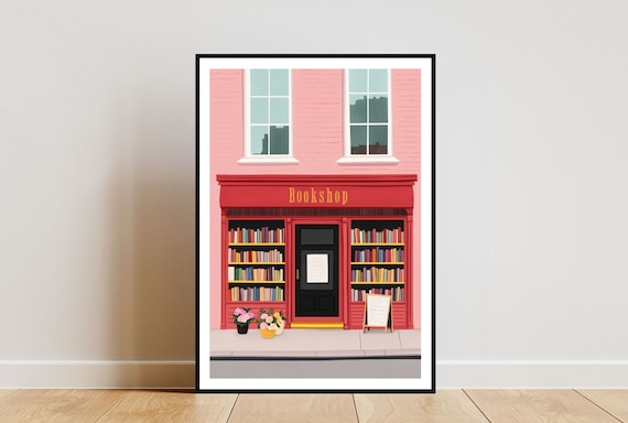 Pink Bookshop Storefront Illustration Bookstore Poster For Reading Nooks