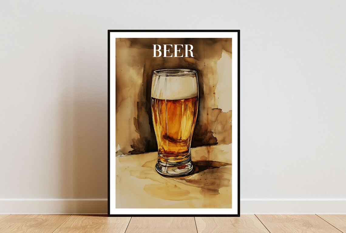 Beer Pint Watercolor Illustration Golden Lager Bar Art Poster