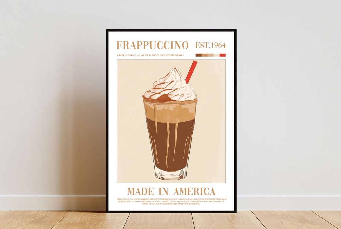 Frappuccino Iced Coffee Illustration Whipped Cream Cafe Poster
