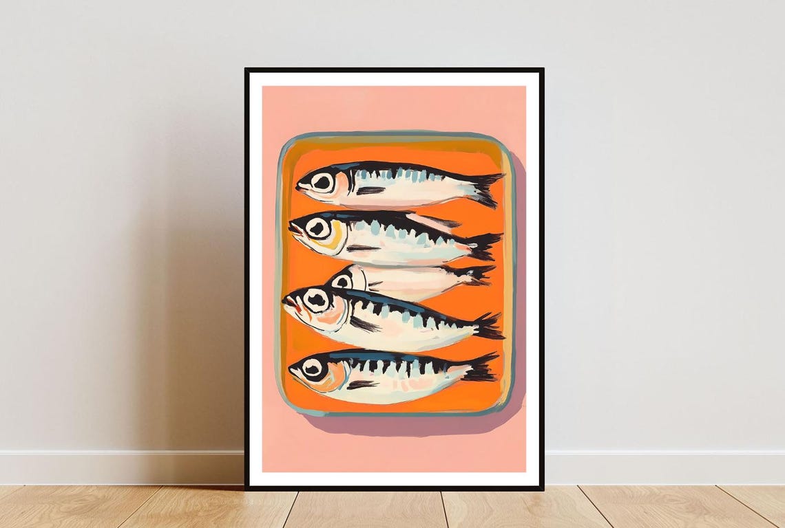 Sardines in a Tin Retro Kitchen Illustration Poster in Orange and Pink