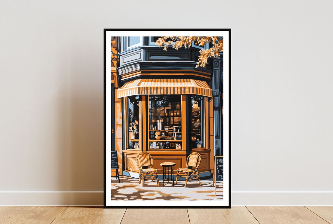 Parisian Cafe At Night With Striped Awning And Rattan Chairs Poster