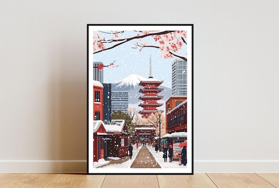 Tokyo Winter Pagoda Art Print Snowy Japanese City Travel Wall Decor