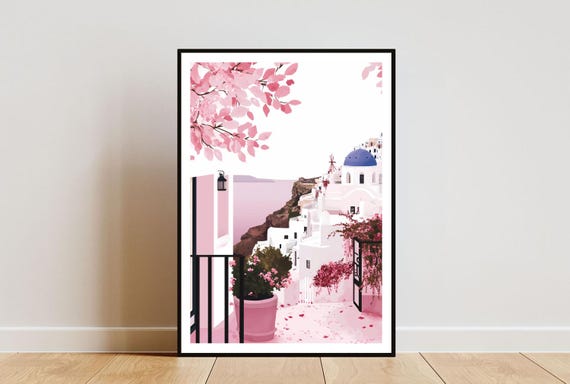 Santorini Poster Santorini Print Greece Wall Art Travel Poster Greek Print Santorini Greece Santorini Wall Art Cherry Blossom Art
