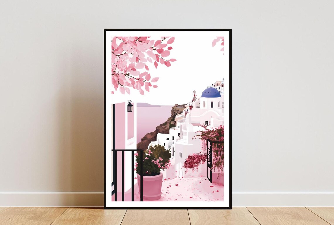 Santorini Blue Dome White Houses And Pink Bougainvillea Poster