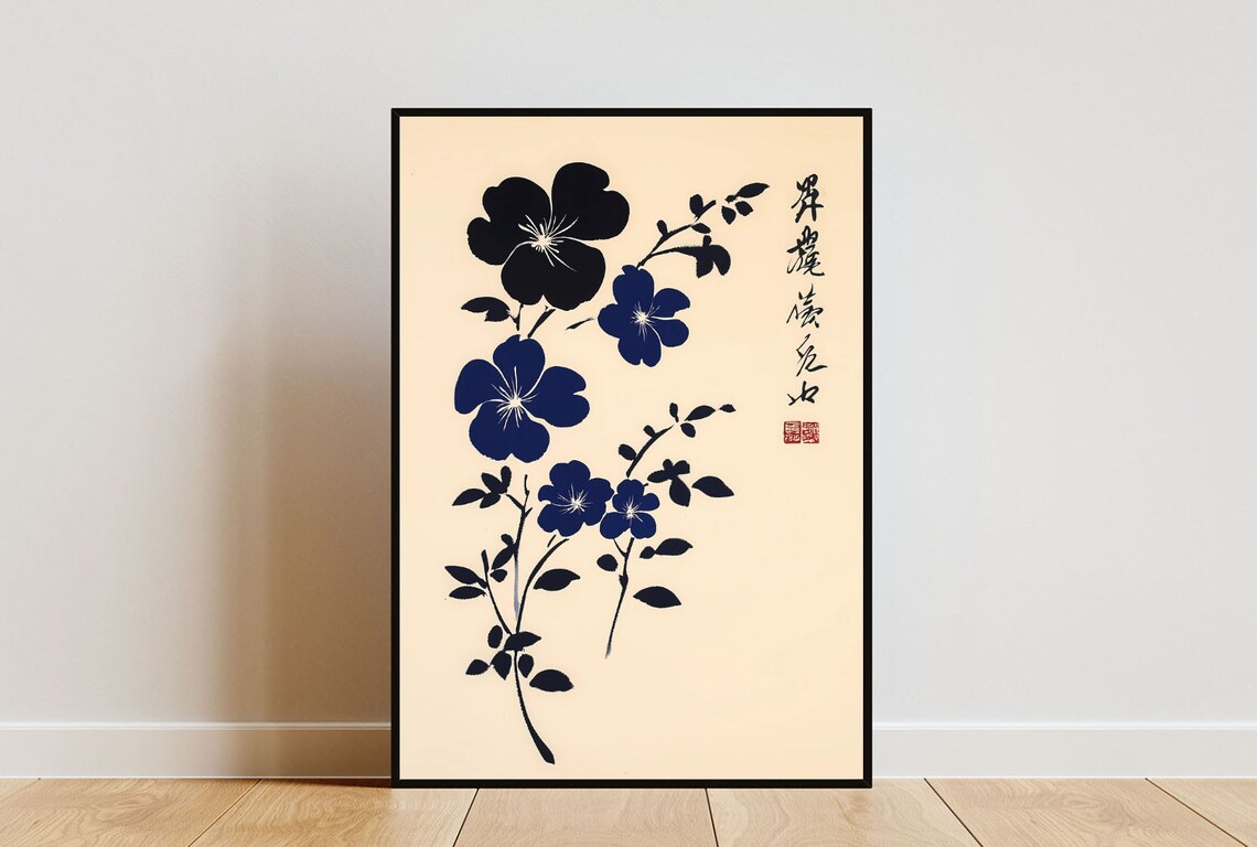 Japanese Floral Ink Art Navy Blue Flowers Calligraphy Poster