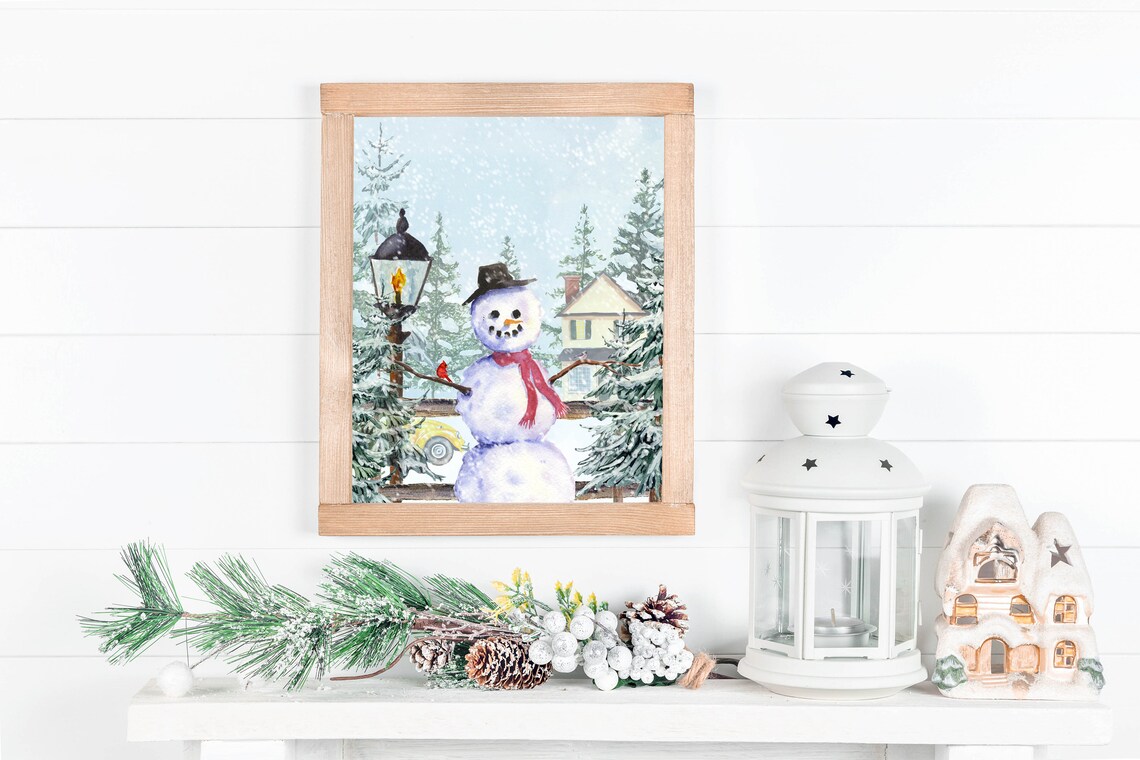 Snowman Top Hat Red Scarf Lamp Post Cardinal Winter Watercolor Poster