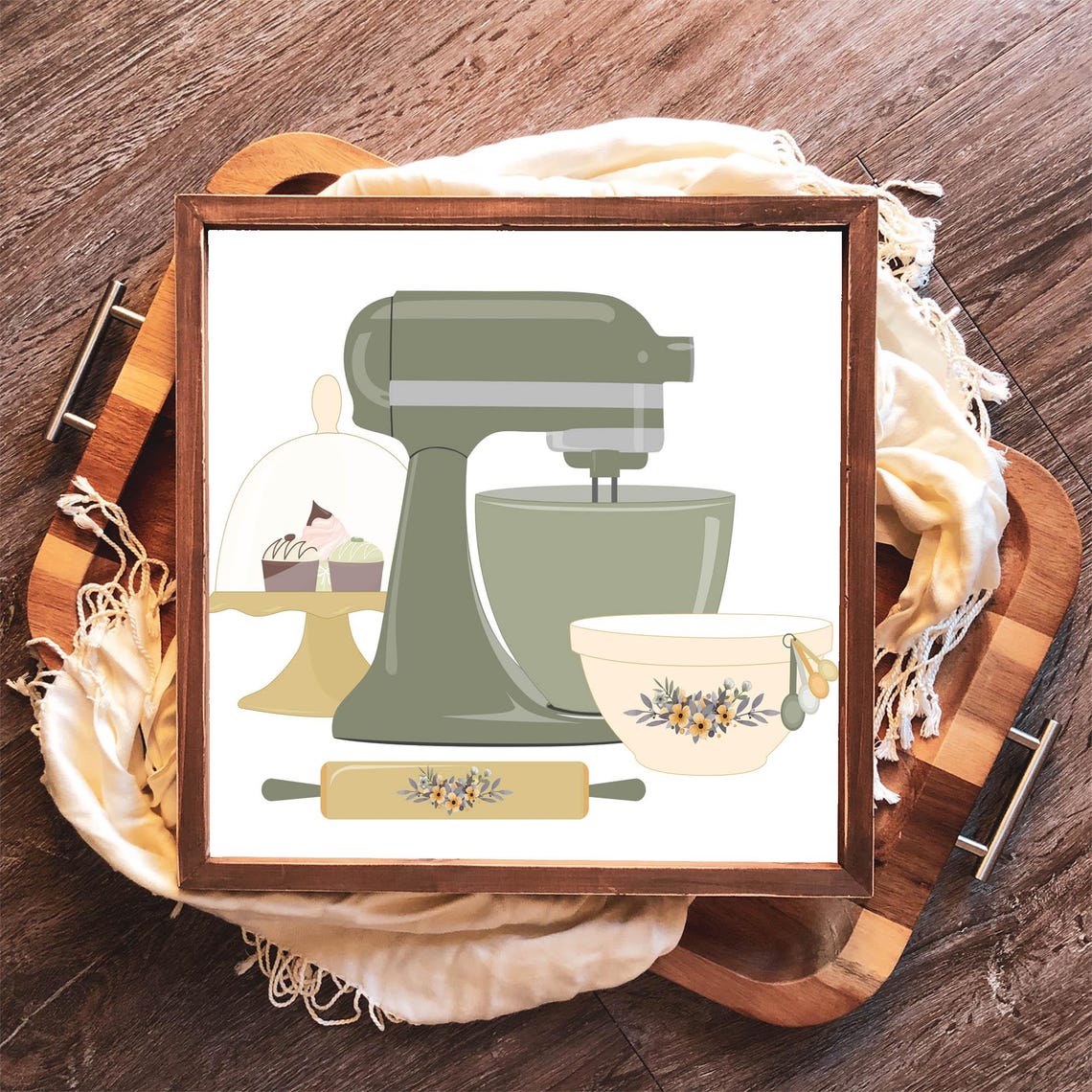 Sage Green Stand Mixer Baking Kitchen Illustration Floral Bowl Poster