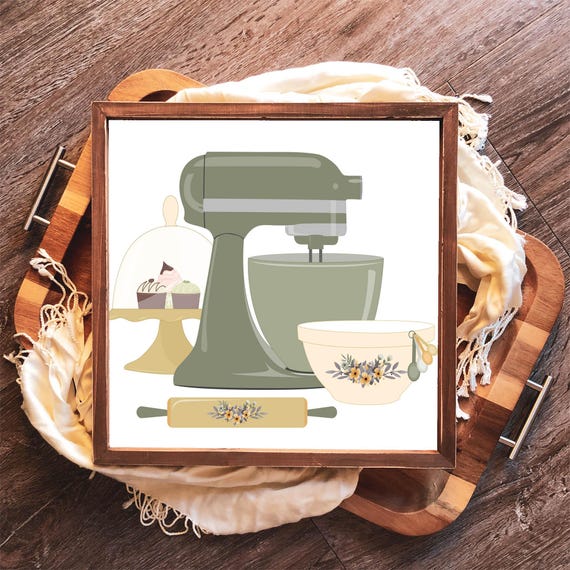 Kitchen Square Art Green Mixer Cupcakes Baking Print 4x4 Up To 20x20 Bakery Sign Print Vintage Kitchen Print Home Diy Decor