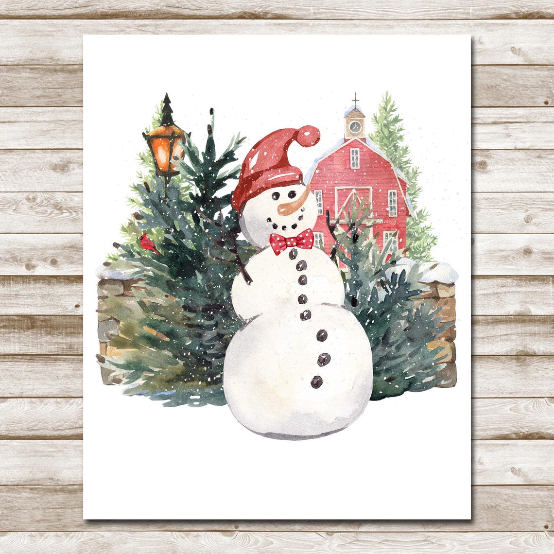 Snowman With Red Hat And Bow Tie Red Barn Winter Watercolor Poster - Image 10