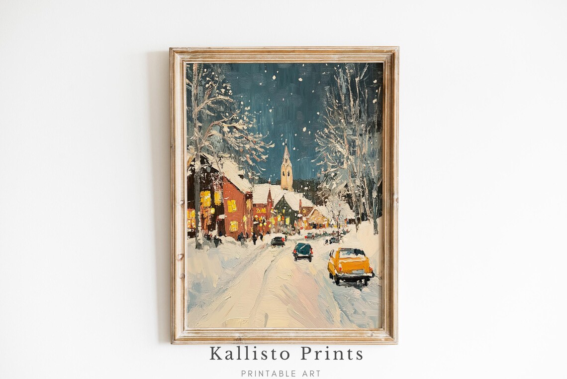 Snowy Village Street Night Vintage Cars Church Winter Painting Poster