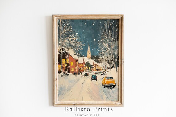 Snowy Village Street Night Vintage Cars Church Winter Painting Poster