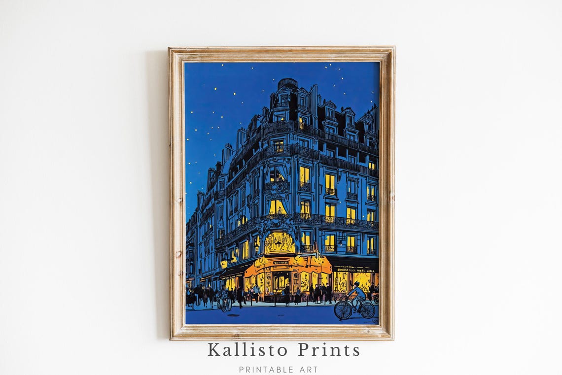 Paris Night Scene Print Illuminated Cityscape Wall Art Vintage French Caf Illustration Blue And Yellow Artwork399