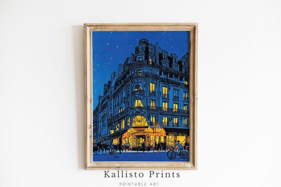 Paris Night Scene Print Illuminated Cityscape Wall Art Vintage French Caf Illustration Blue And Yellow Artwork399