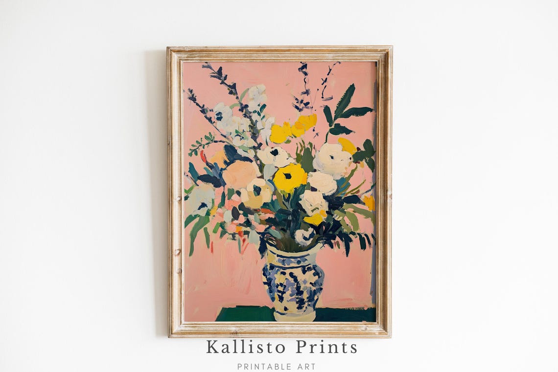 Flower Bouquet In Blue White Vase Pink Background Floral Wall Art