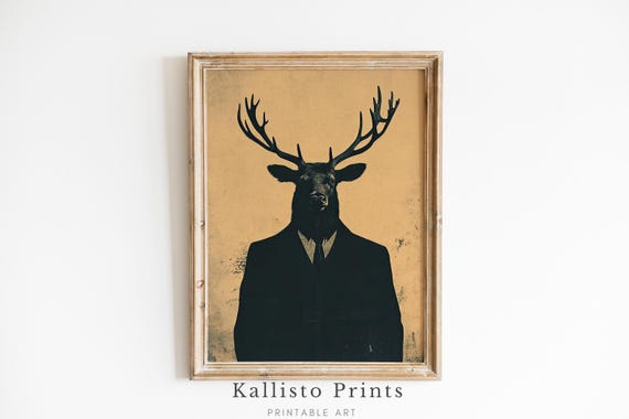 Stag Suit Art Print Anthropomorphic Deer Portrait Vintage Style Animal Wall Decor 415