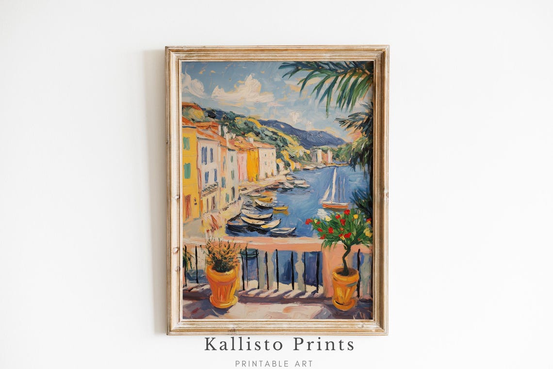 Mediterranean Harbor Boats Colorful Village Coastal View Wall Art