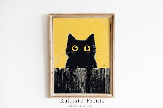 Black Cat Peeking Over Fence Big Yellow Eyes Cute Minimalist Cat Poster