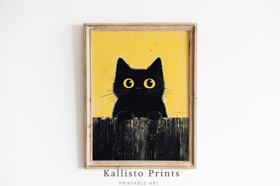Black Cat Wall Art Minimalist Print Modern Feline Poster Cute Animal Illustration Decor882