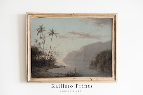 Vintage Tropical Landscape Art Misty Riverside Scene With Palm Trees Exotic Nature Decor Download99