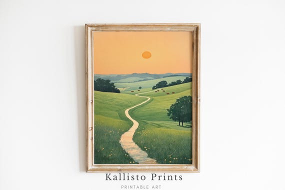Rolling Hills Sunrise Landscape Art Print Serene Country Road Wall Decor Pastoral Green Fields Artwork Peaceful Countryside 425