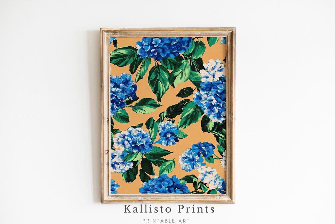 Blue Hydrangea Floral Clusters Gold Background Bold Botanical Poster