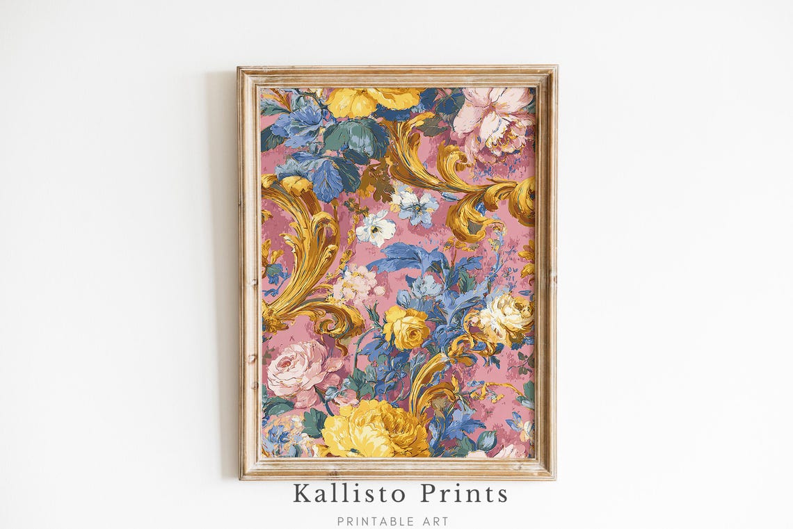 Gold Scroll Pink Rose Baroque Floral French Vintage Elegant Poster
