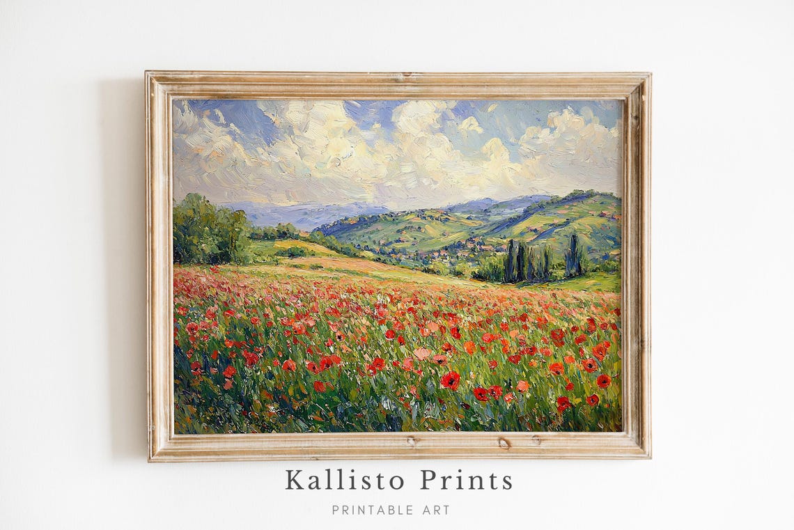 Rolling Hills Red Poppy Field With Tall Cypress Trees Landscape Poster