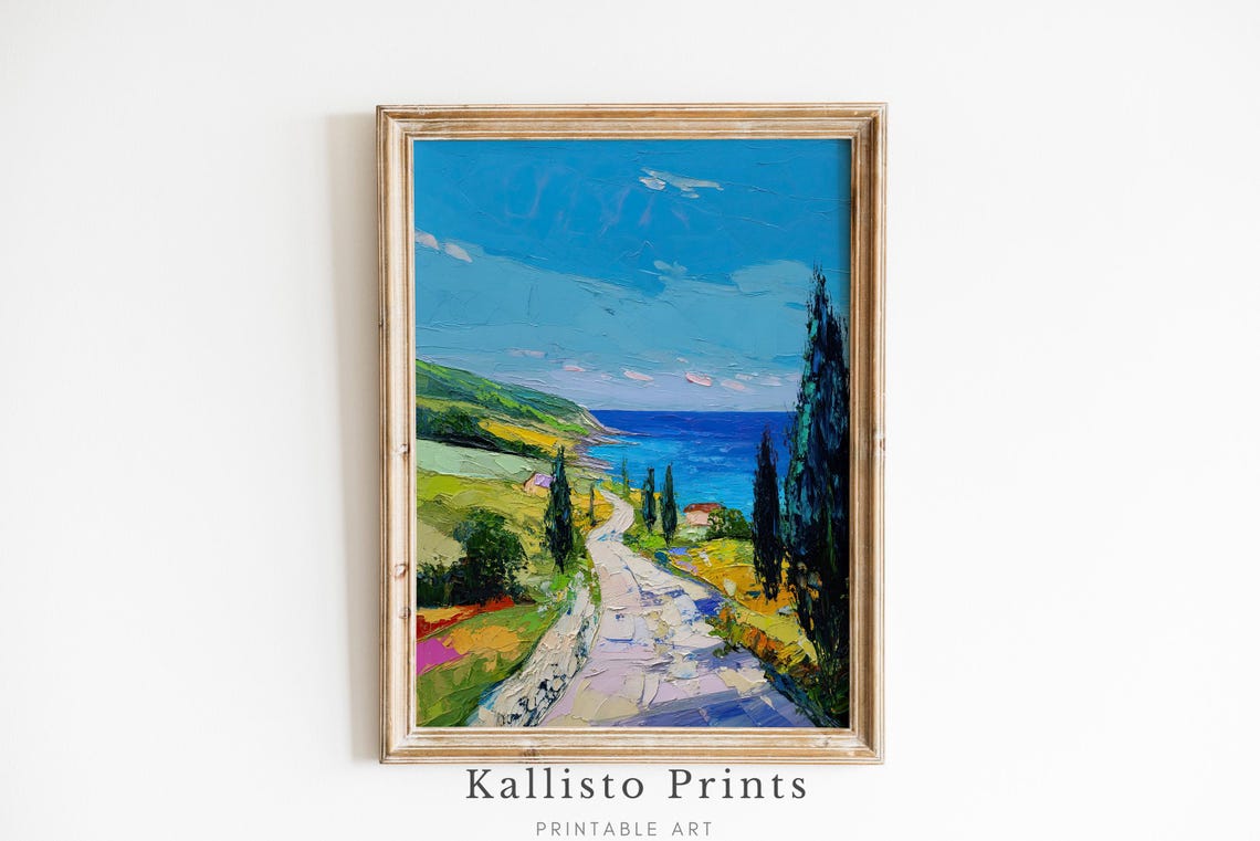 Coastal Cypress Path Impasto Blue Sea Colorful Mediterranean Poster