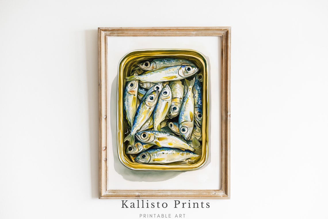 Sardine Tin Watercolor Realistic Fish Coastal Kitchen Wall Art