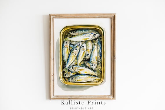 Vintage Sardine Tin Art Print Realistic Fish Painting Coastal Kitchen Wall Decor Nautical Seafood Artwork Poster 917