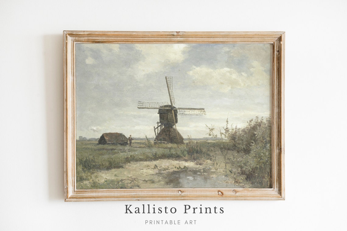 Vintage Windmill In Peaceful Countryside Marsh Landscape Poster